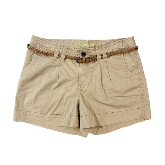 NWT Sonoma Women’s Size 12 Tan Khaki MidRise Belted Modern Short Comfort Stretch - Picture 1 of 16